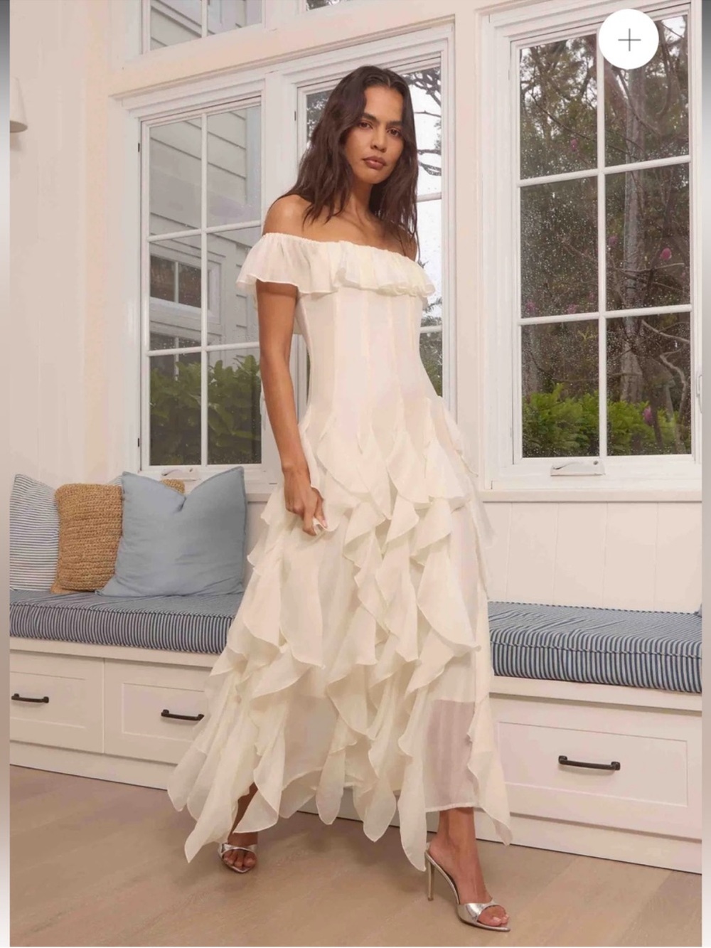 elliatt yvette cream off the shoulder ruffle corset maxi gown dress large NEW